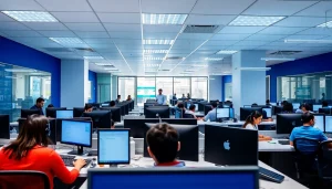 Agents working in a call center in Tijuana, exemplifying a collaborative and efficient environment.