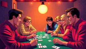 Engage in thrilling rummy wealth games with friends at a lively gaming table.