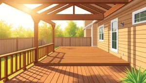 Explore deck construction details with emphasis on wooden beams and joists in a bright backyard.