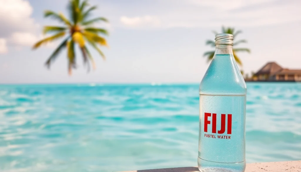 Highlighting the Fiji water recall 2024, a bottle is featured in a tranquil tropical setting with ocean waves.