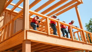 Demonstrating deck construction techniques with workers assembling wood framework for durability and safety.