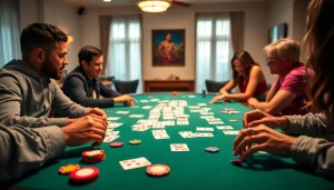 Engage with rummy wealth on a vibrant card table, featuring colorful cards and lively players.