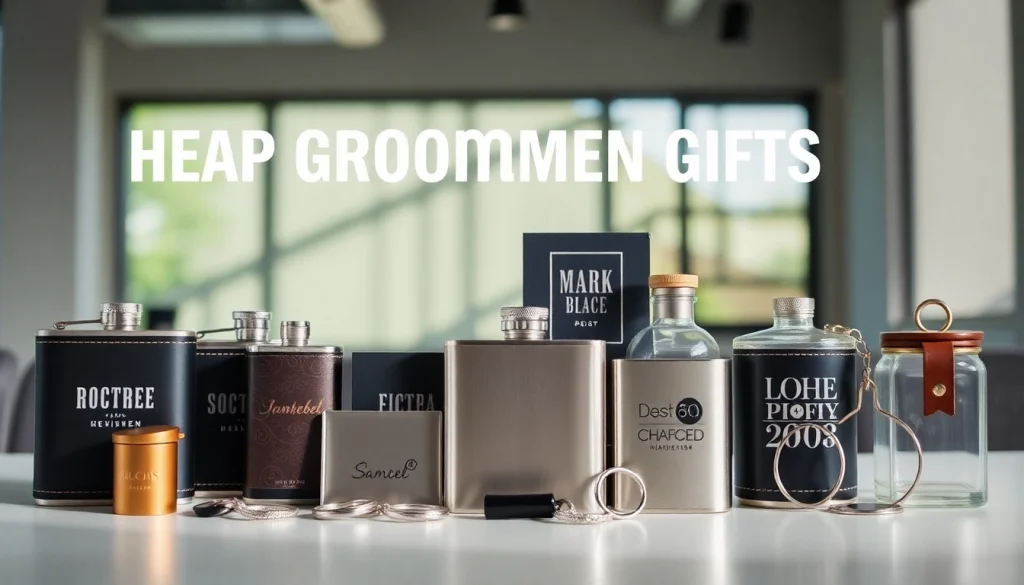 Showcase of cheap groomsmen gifts including personalized flasks and keychains for memorable gifting.