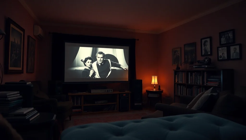 Download free archive of public domain movies in a cozy home theater setting with a vintage projector.