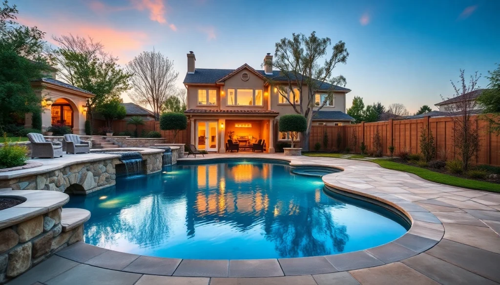 Showcase stunning Hardscapes & Pools with outdoor living spaces, highlighting elegant stone features and a refreshing pool.