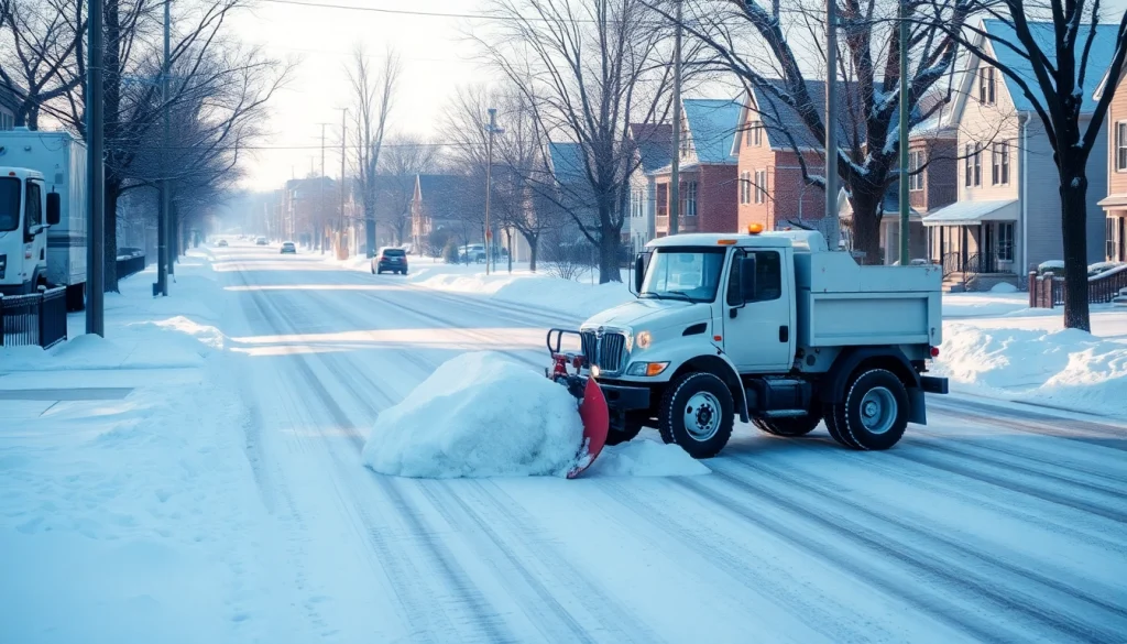 Snow plowing vehicle clearing snow from a residential street on a sunny winter day.