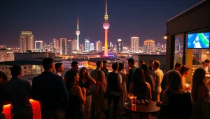 People enjoying an energetic afterwork party in Berlin at a vibrant rooftop bar, highlighting the city's nightlife.