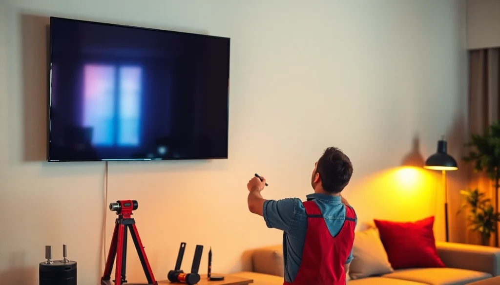 Efficient TV mounting installation service by a skilled technician in a stylish living room.