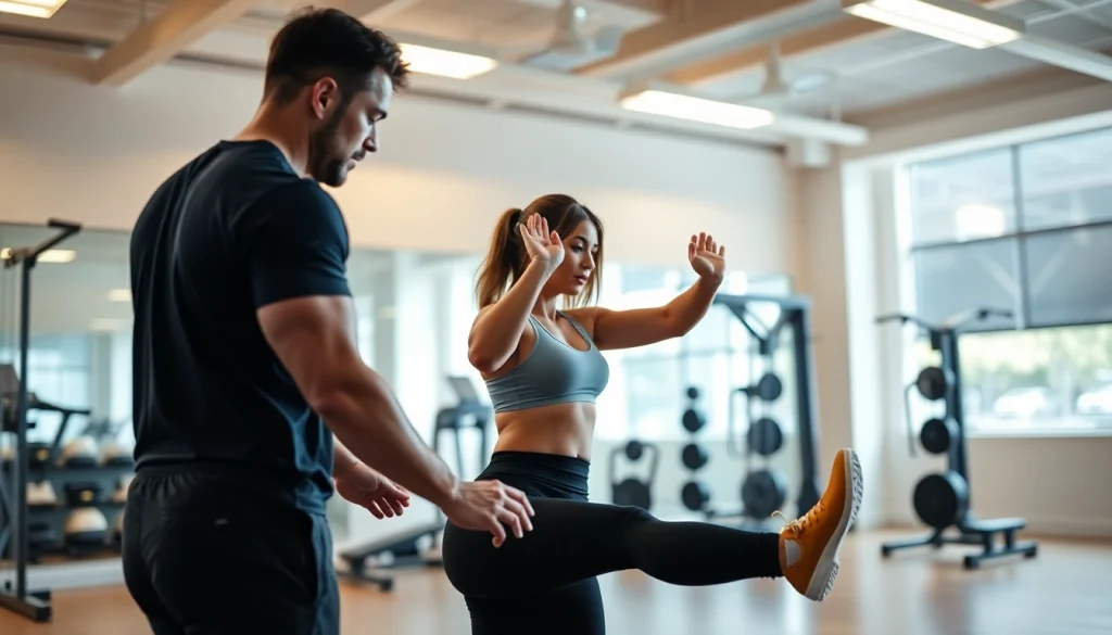 Effective Personal Trainer assisting a client with personalized workout techniques in a vibrant studio