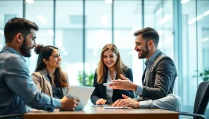 Business team discussing outsourcing strategies in a modern office setting.