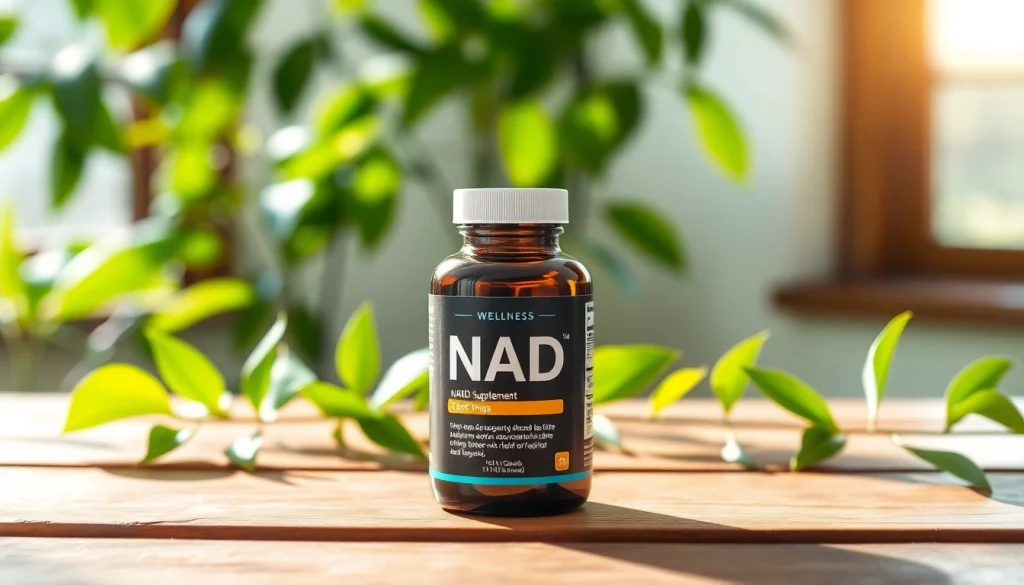 Enhance vitality with NAD Supplement displayed among fresh greenery, promoting health and wellness.