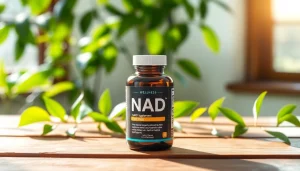 Enhance vitality with NAD Supplement displayed among fresh greenery, promoting health and wellness.