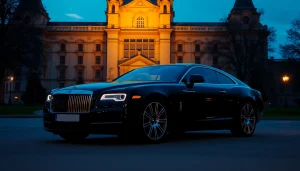 Elegantly parked luxury vehicle showcasing cheap chauffeur service Krakow against a charming Krakow backdrop.