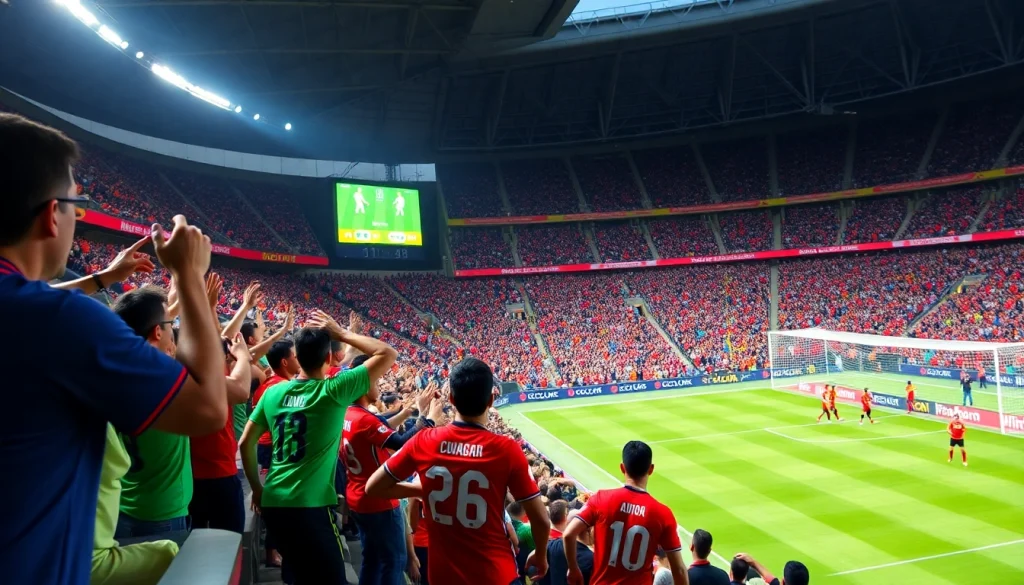 Fans cheer passionately at a football match, while the ราคาบอล scoreboard displays current odds prominently.