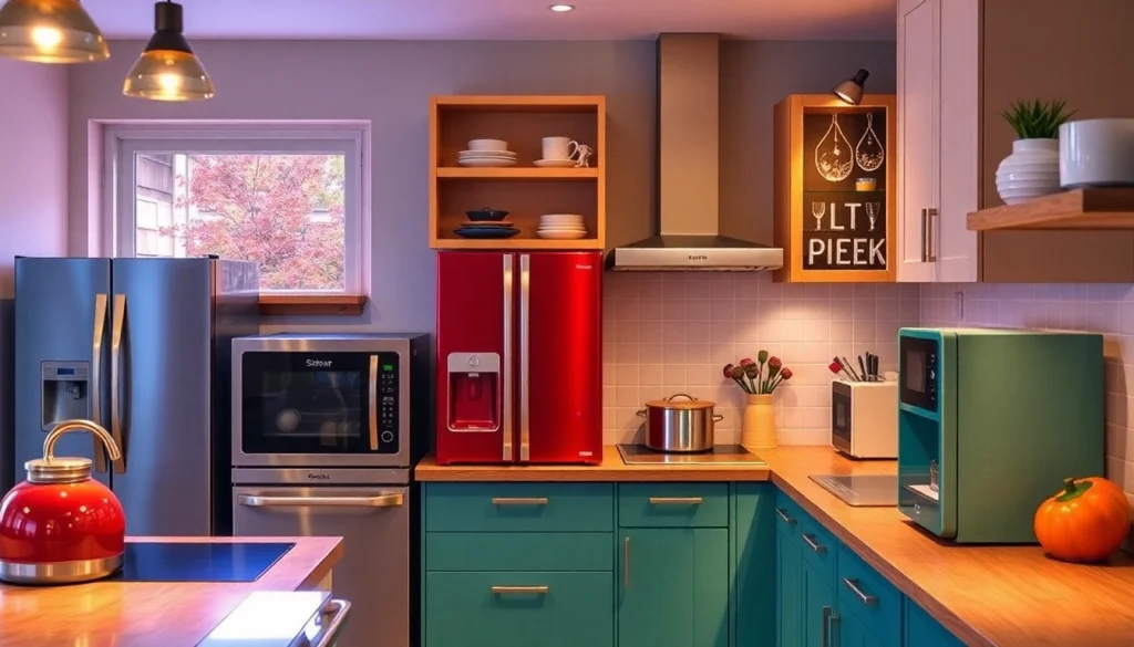 Showcase affordable kitchen appliances arranged stylishly in a modern kitchen highlighting their functionality and design.
