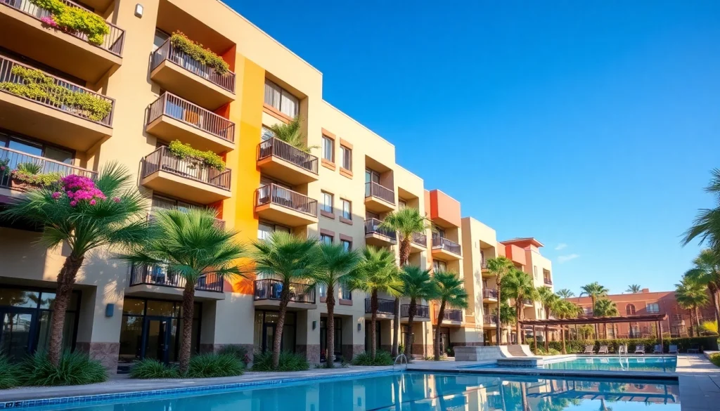 Find apartments for rent Glendale AZ showcasing a vibrant modern apartment complex with pool amenities.