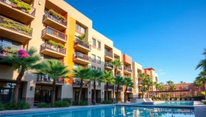 Find apartments for rent Glendale AZ showcasing a vibrant modern apartment complex with pool amenities.
