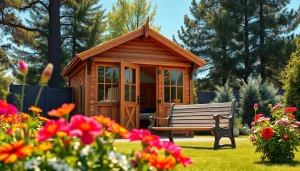 Explore a beautifully designed custom made storage shed in a vibrant backyard, showcasing its unique features.