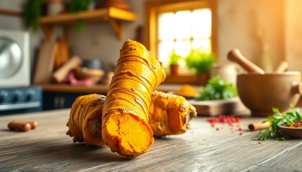 Showcasing turmeric root on a rustic kitchen countertop highlighting its vibrant color and texture.