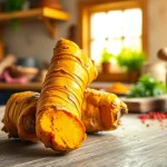 Showcasing turmeric root on a rustic kitchen countertop highlighting its vibrant color and texture.
