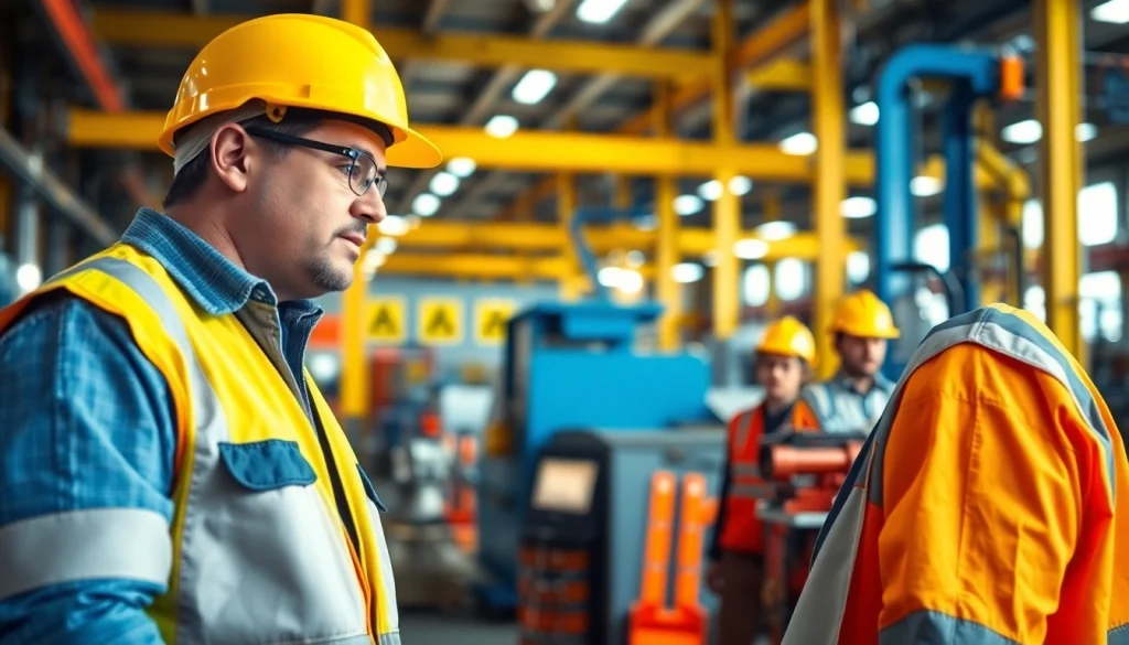 St. George Industrial Safety Consultant assessing safety measures with a team in a vibrant industrial setting.
