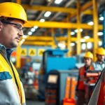 St. George Industrial Safety Consultant assessing safety measures with a team in a vibrant industrial setting.