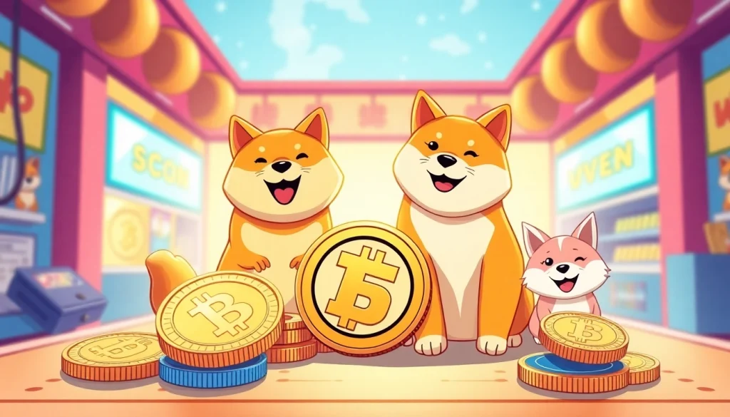 Showcase of iconic meme coins like Dogecoin and Shiba Inu on a colorful digital marketplace.