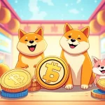 Showcase of iconic meme coins like Dogecoin and Shiba Inu on a colorful digital marketplace.