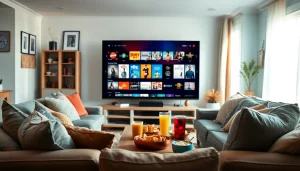 Enjoy a free streaming trial in a cozy living room filled with entertainment options.