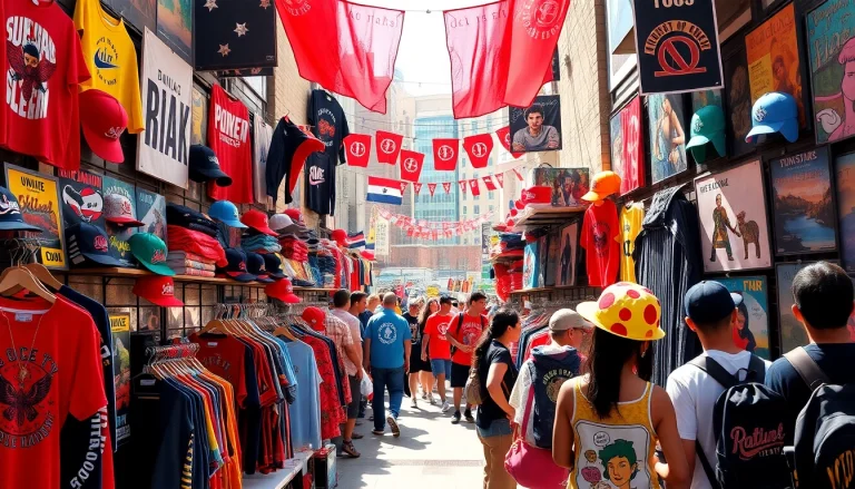 Showcase of vibrant merchandise featuring unique artist apparel and accessories.