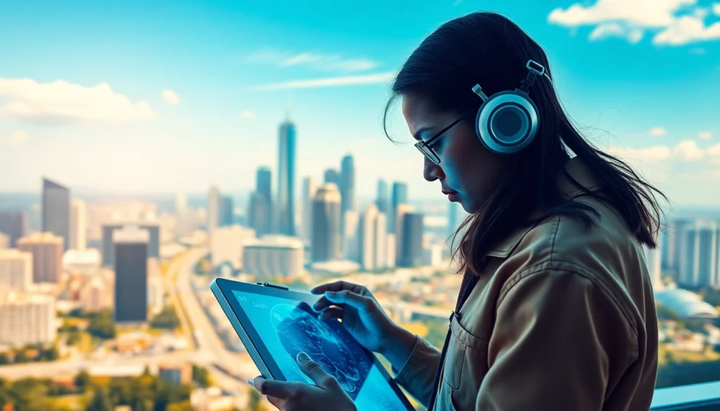 Create unique artwork with AI image generator Australia showcasing a digital artist in a futuristic cityscape.