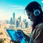 Create unique artwork with AI image generator Australia showcasing a digital artist in a futuristic cityscape.