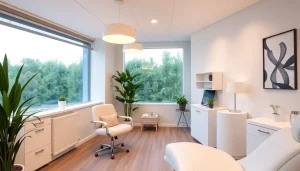 Consultation for a Fett-weg Spritze treatment in a modern clinic environment with warm lighting.