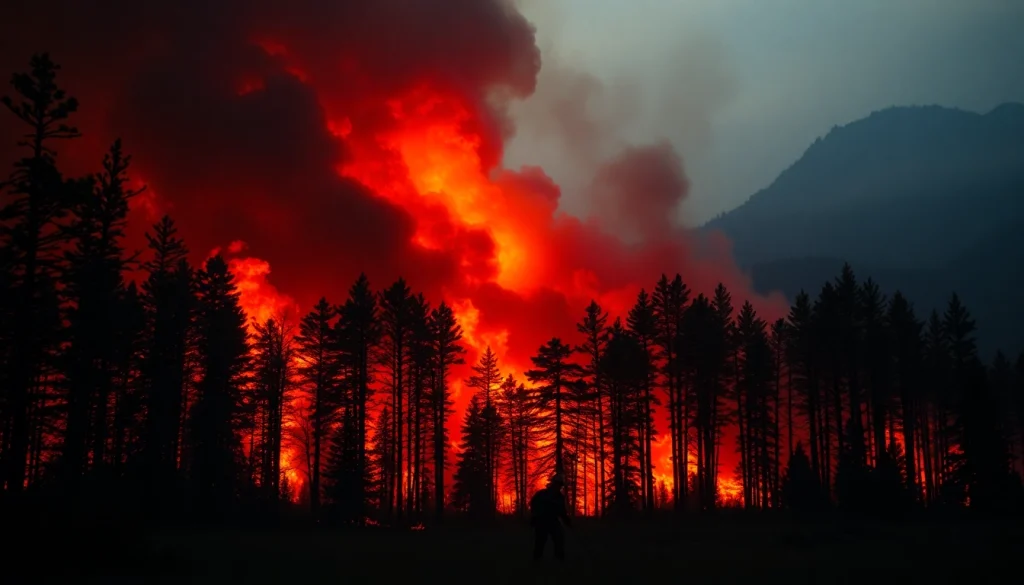 Firefighters battling wildfire events amidst flames and smoke-filled forest.