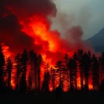 Firefighters battling wildfire events amidst flames and smoke-filled forest.