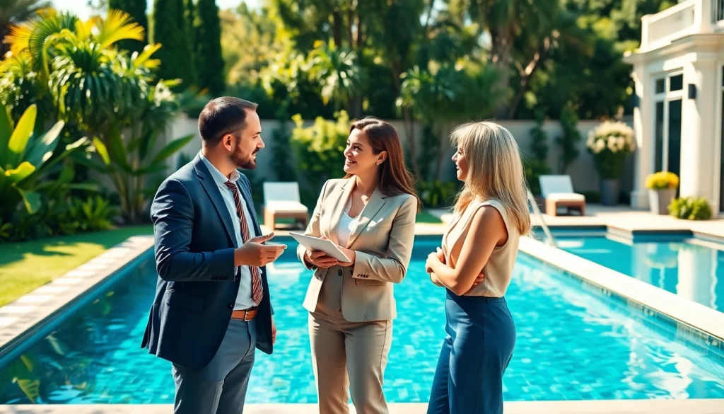 Discuss swimming pool financing options with a financial advisor in a beautiful backyard setting.