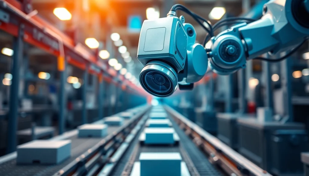 Machine vision camera inspecting products for quality control in a modern factory.
