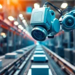 Machine vision camera inspecting products for quality control in a modern factory.