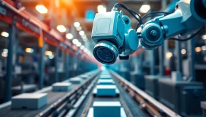 Machine vision camera inspecting products for quality control in a modern factory.