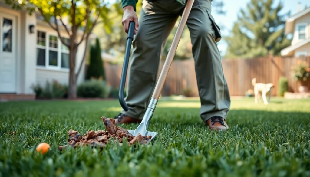 Professional dog poop cleaning service technician scooping waste in a lush backyard.