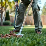 Professional dog poop cleaning service technician scooping waste in a lush backyard.