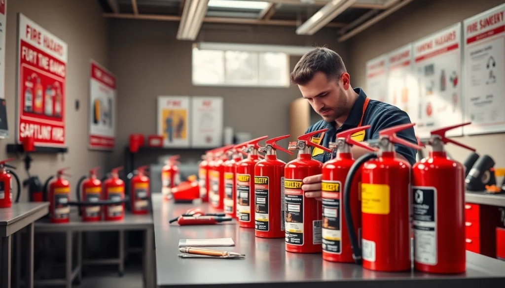 Expert performing fire extinguisher servicing Cannock in a professional workshop setting.