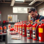 Expert performing fire extinguisher servicing Cannock in a professional workshop setting.