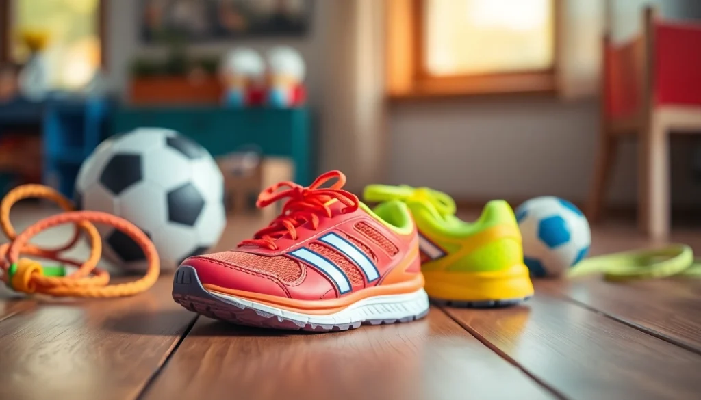Laufschuhe für Kinder mit fröhlichen Farben und sportlichen Accessoires in einem einladenden Setting.