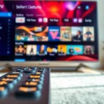 Explore IPTV Subscription USA through a sleek TV interface showcasing various channels and content.