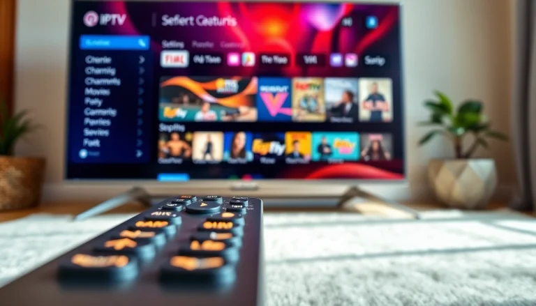 Explore IPTV Subscription USA through a sleek TV interface showcasing various channels and content.