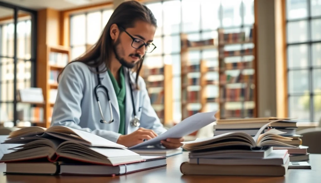 Medizinstudium ohne NC: Engagierter Medizinstudent in Bibliothek bei der Vorbereitung.