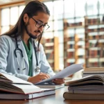 Medizinstudium ohne NC: Engagierter Medizinstudent in Bibliothek bei der Vorbereitung.