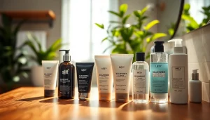 Showcase of best face cleansers for men arranged neatly on a bathroom counter.