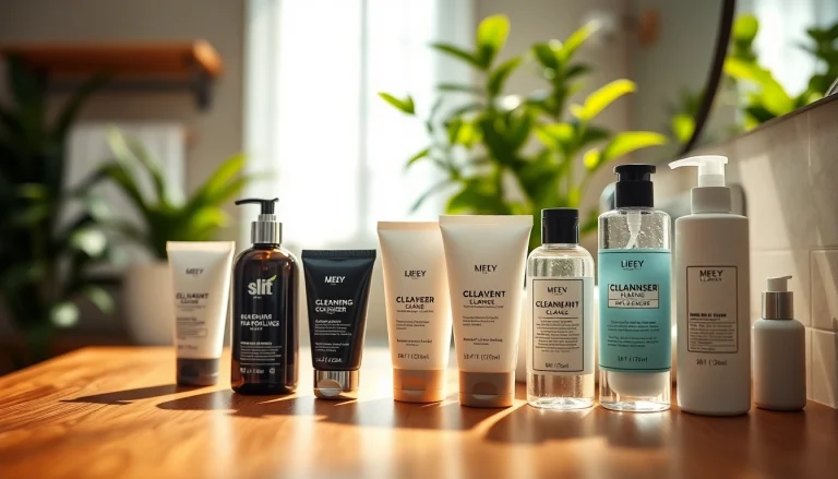 Showcase of best face cleansers for men arranged neatly on a bathroom counter.